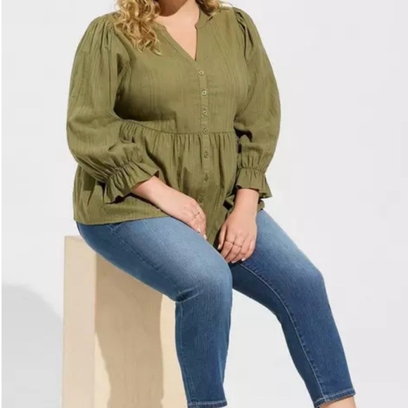 Cotton Button Up Blouson Long Sleeve Top - Picture 3 of 4